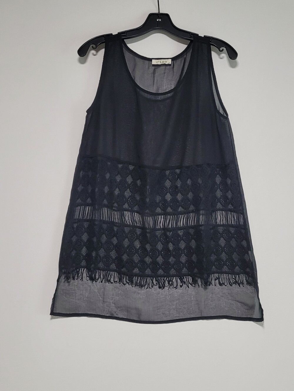 C' Isa Whimseygoth, Sexy, Sheer Black Sleeveless Top With Lace And Fringe